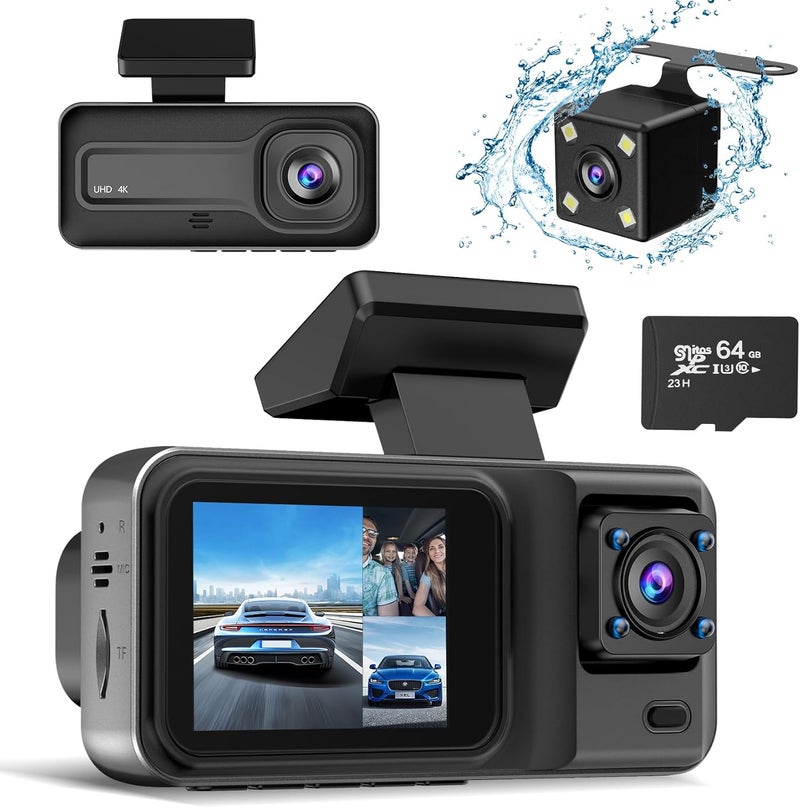 CHENSIVE 4K 3 Channel Dash Cam with 64GB Card, 4K+1080P+1440P Dash Cam Front and Rear Inside, Dash Camera for Cars with Motion Detection, 24H Parking Mode, Super Night Vision, Loop Recording - Image 1